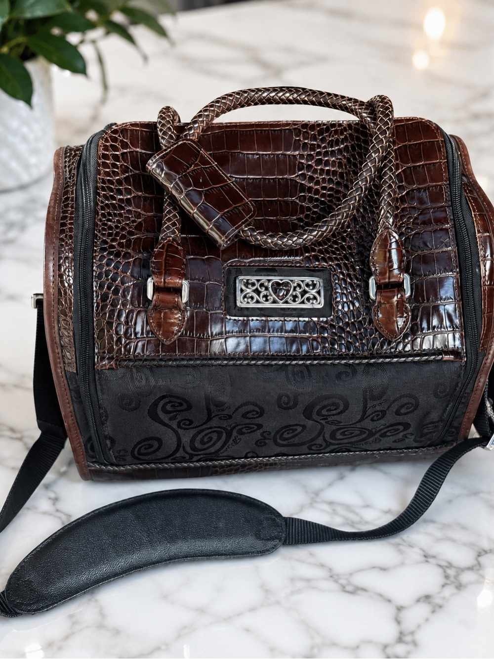 Brighton Lansky brown and black croc-embossed leather weekender travel duffle ba